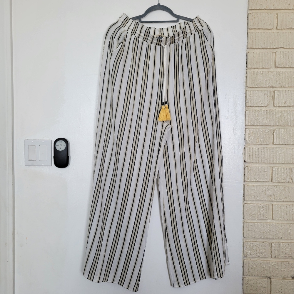 Lovestitch wide leg blue and tan stripe pants with a tassel detail Pockets